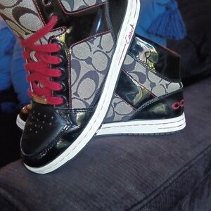 Coach Black Patent & Signature Canvas Sneakers with Red Accents